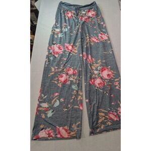 Wide Leg Lounge Pants Womens M Gray Pink Floral Excellent Casual Relaxed